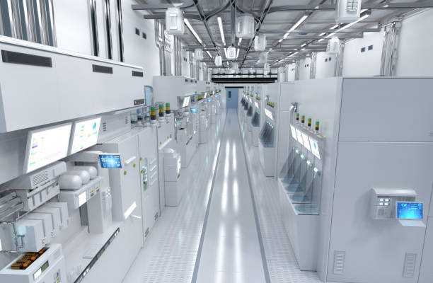 istock White futuristic semiconductor manufacturing factory or laboratory interior with machine and computer screen 1465145544