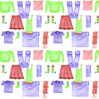 Pattern Clothesline Laundry Seamless Pattern Isolated On A White Background Watercolor ...