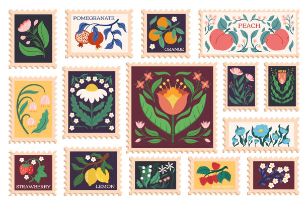 꽃, 과일 및 열매와 우편 우표 세트. 자연에서 영감을 받은 꽃 매트, 석류, 오렌지 - postcard scrapbook design pattern stock illustrations