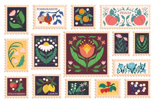 Vector illustration of Set Of Postal Stamps With Flowers, Fruits And Berries. Floral Nature-inspired Mail Marks With Pomegranate, Orange