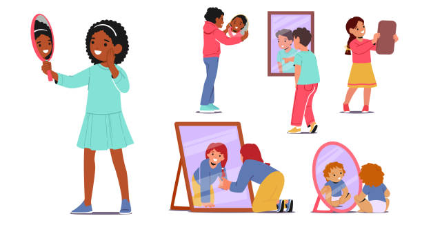 Set Of Children Gazing Into Mirror, Observing Reflection, Displaying Emotions Of Wonder, Surprise Or Self-discovery Set Of Children Gazing Into Mirror, Observing Reflection, Displaying Emotions Of Wonder, Surprise Or Self-discovery. Funny Kids Characters Isolated on White Background. Cartoon Vector Illustration clip-art-of-a-girl-looking-in-mirror stock illustrations