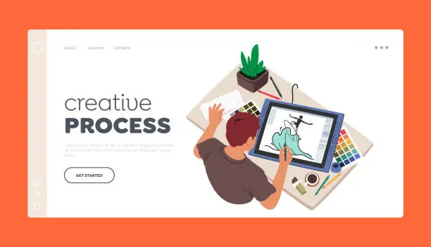 Vector illustration of Creative Process Landing Page Template. Graphic Designer Male Character With Stylus Drawing on Tablet at Workplace
