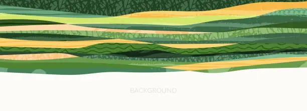 Vector illustration of Abstract farm field collage background. Agro land backdrop, farmland landscape vector illustration with texture. Oriental decorative banner, eco design, green rural panorama, ecology art header