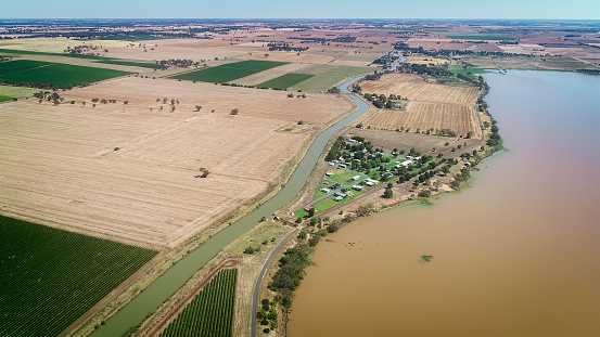 Dry for most of the year, Lake Cooper after heavy rain. Vineyard in Corop in Northern Victoria.
