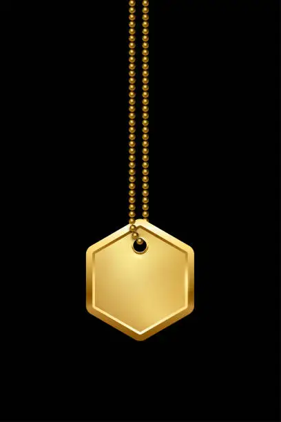 Vector illustration of Empty hexagon golden military or dogs badge hanging on chain. Vector army object isolated on black background. Pendant with blank space for identification, blood type in case of death and injury