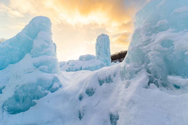 Intriguing ice formations at sunrise in frozen Hokkaido during winter.