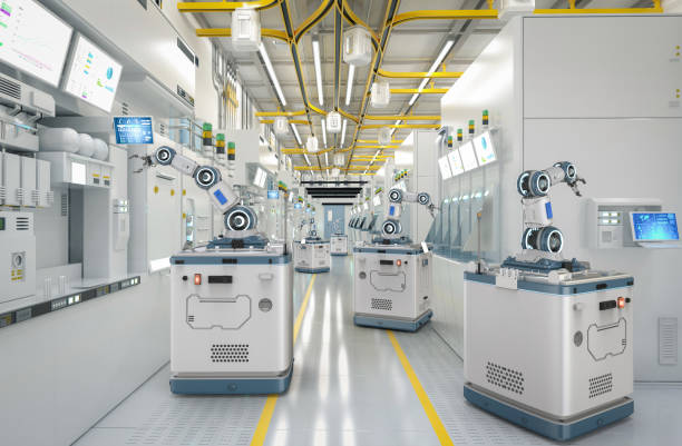 istock Automation semiconductor manufacturing with robotic arms in factory 1465147781