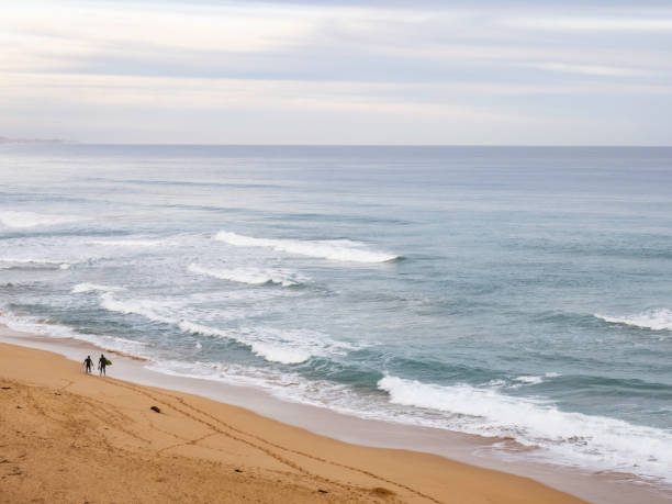 istock Two surfers walking towards waves 1465151195