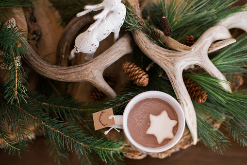 Rustic top view of hot cocoa in a mug