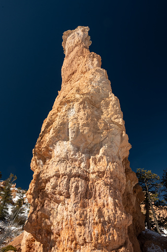 Looking Up at Tall Hoodoo Against Blue Sky in Bryce Canyon