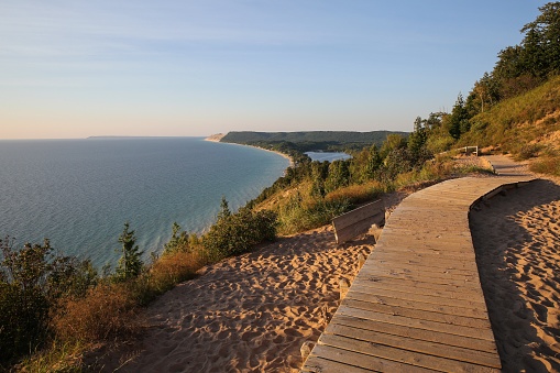 beautiful sunset scenery at the Empire Bluff Scenic Lookout, overlooking Lake Michigan, the Sleeping Bear Dunes, and the Manitou Island
