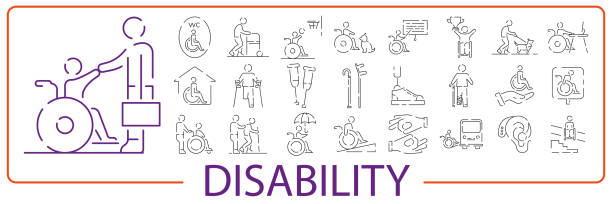 disabled people Icons Set. Linear or line style Icons. Vector illustration social issue disabled people Icons Set. Linear or line style Icons. Vector illustration social issue. handicap logo stock illustrations
