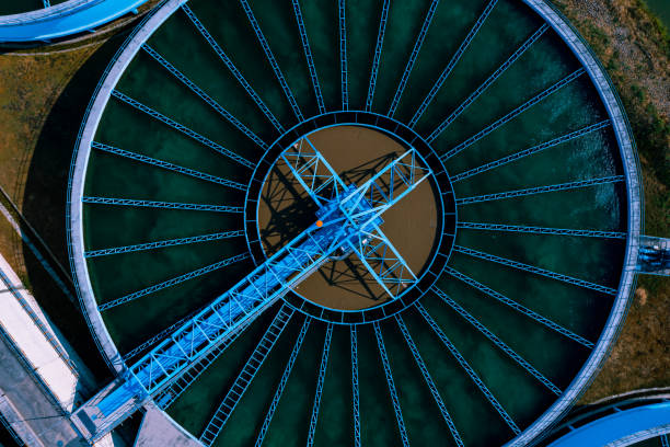 Aerial View of Drinking water treatment plant. Microbiology of drinking water production and distribution Aerial View of Drinking water treatment plant. Microbiology of drinking water production and distribution, water treatment plant. Microbiology of drinking water production. Morning scene. public utility stock pictures, royalty-free photos & images