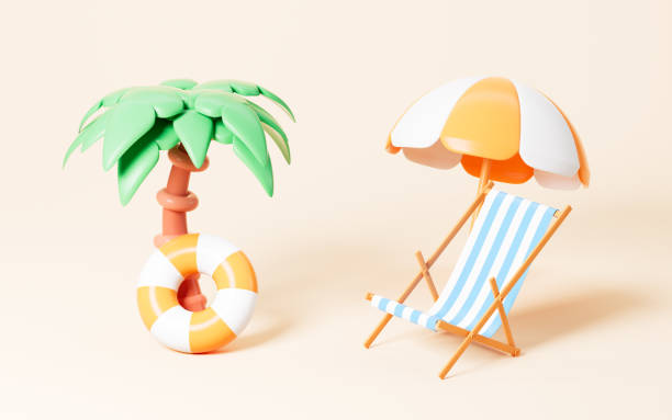 Beach chair and palm, Summer travel theme, 3d rendering.