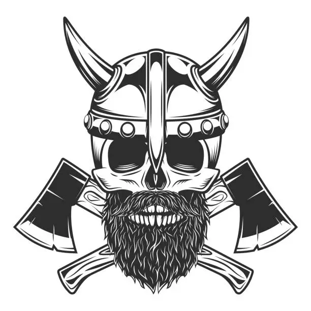 Vector illustration of Viking skull bearded and mustached in horned helmet with crossed axes in vintage monochrome style isolated vector illustration