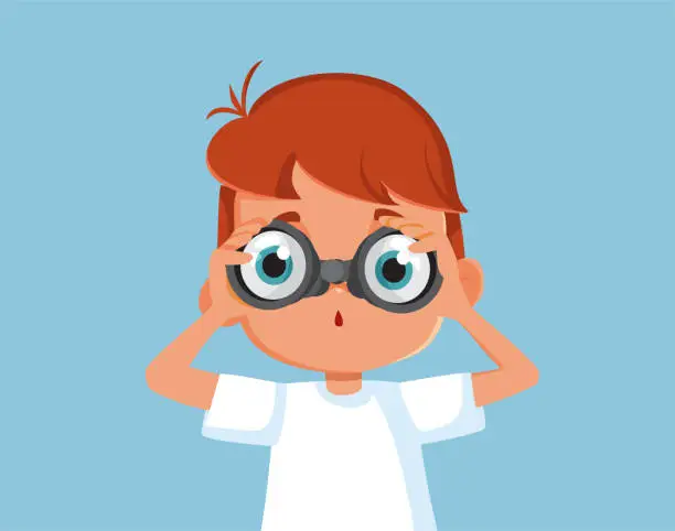 Vector illustration of Curious Boy Learning by Exploring Using Binoculars Vector Cartoon