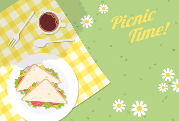 vector background with triangle sandwich, coffee on a picnic blanket for banners, cards, flyers, social media wallpapers, etc. vector background with triangle sandwich, coffee on a picnic blanket for banners, cards, flyers, social media wallpapers, etc. picnic stock illustrations