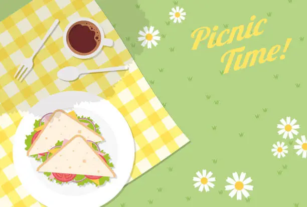 Vector illustration of vector background with triangle sandwich, coffee on a picnic blanket for banners, cards, flyers, social media wallpapers, etc.