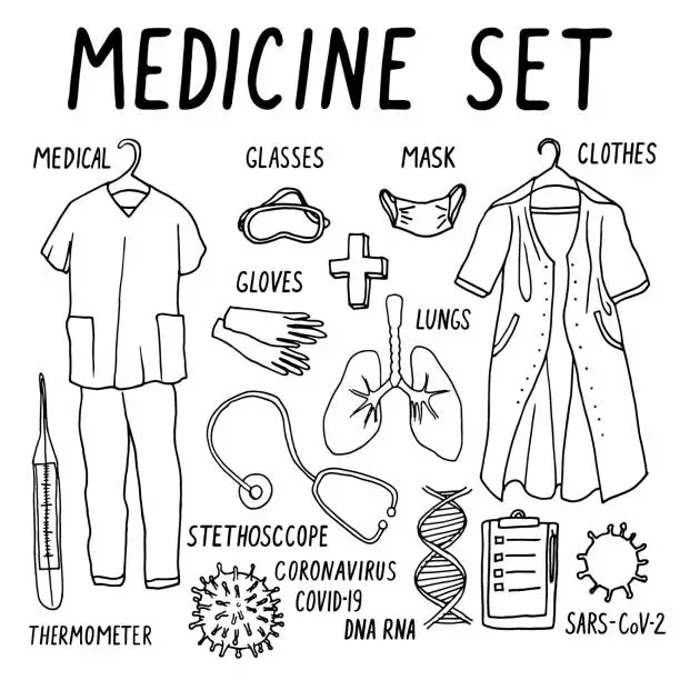 Vector illustration of Vector medical set of black contour drawings: medical clothes, mask, glasses, gloves, coronavirus, thermometer, stethoscope, lungs, dna, questionnaire