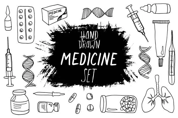 Vector illustration of hand-drawn vector set on a medical theme in doodle style: medicine, tablet, capsule, syringe, tube, ointment, box, packaging, dna, rna, molecule, spiral, lungs, thermometer, jar of capsules, dropper,