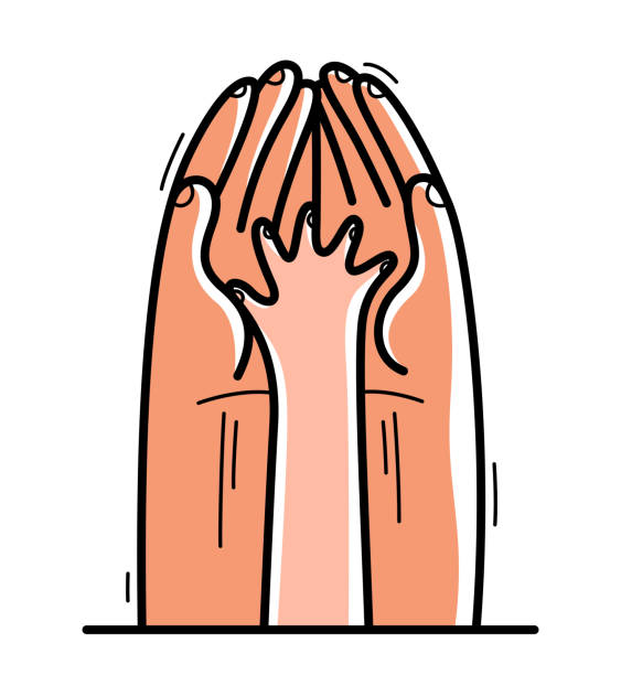 Two hands and small child palm protecting and showing care vector flat style illustration isolated on white, cherish and defense for childhood concept, charity.