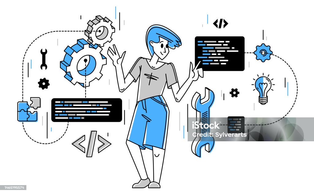 Programmer Is Coding And Repairing Some Machine System Vector Outline ...