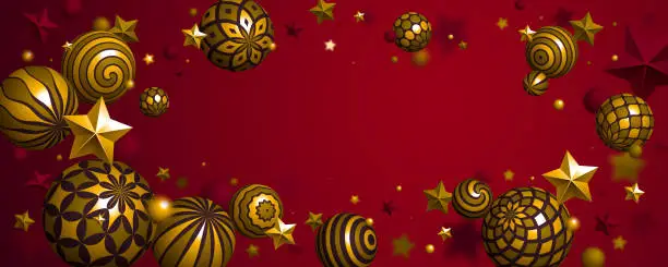 Vector illustration of Abstract gold spheres and stars vector background, composition of flying balls decorated with patterns of shiny gold, 3D mixed variety realistic globes with ornaments, with blank copy space.