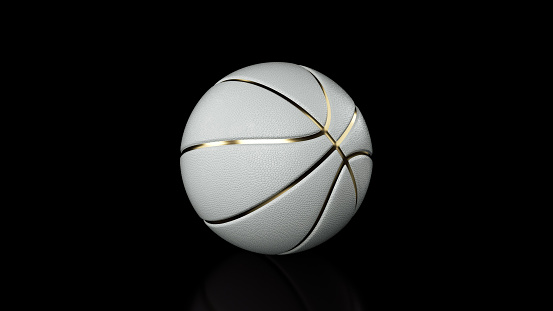 White Leather Tennis Ball With Golden Details On Black Background. Abstract Sport Content.