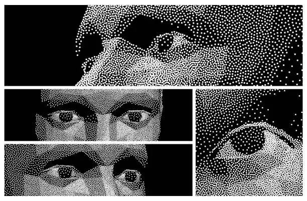 Vector illustration of Eye. Close-up portrait of a man. Digital vision. Security technology and surveillance. Innovative medicine and technology. Stipple effect. 3D vector illustration.