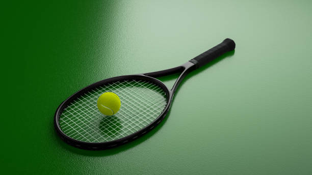 racchetta da tennis e palla su sfondo verde - illustrazione 3d - tennis court tennis racket forehand foto e immagini stock