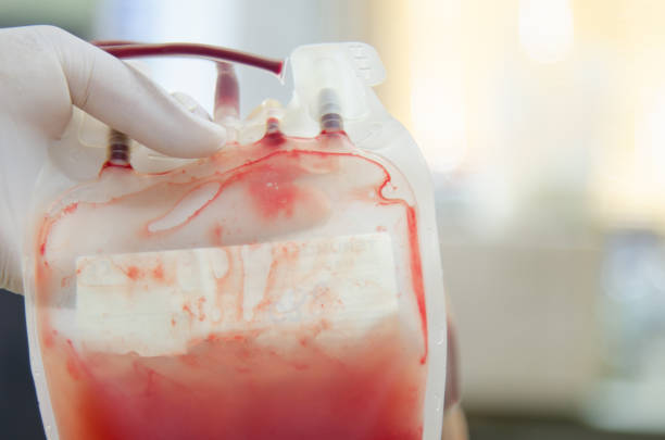istock Blood bag with scientis in laboratory. 1465198189