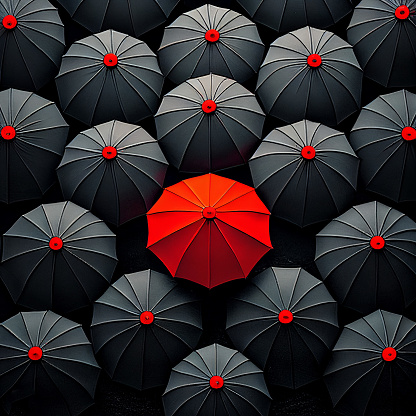 Aerial top down perspective viewing a group of black umbrellas with one unique red umbrella that stands out.