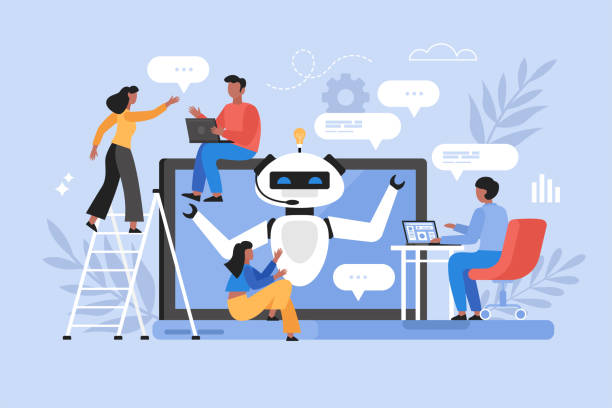 stockillustraties, clipart, cartoons en iconen met artificial intelligence chat service business concept. modern vector illustration of people using ai technology and talking to chatbot on website - ai