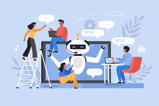 Artificial intelligence chat service business concept. Modern vector illustration of people using AI technology and talking to chatbot on website