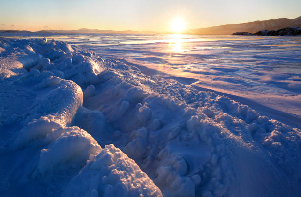 sunset in beautiful ice on Baikal