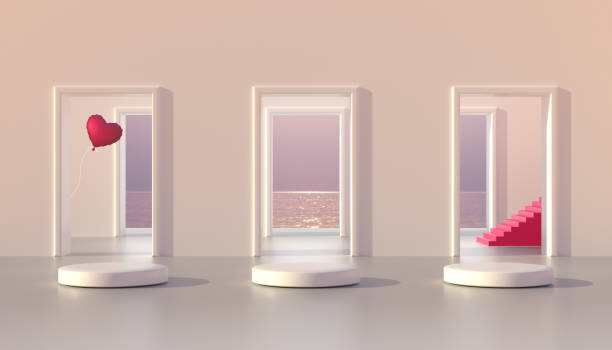 istock Products display podiums space with the three doors. Showcase stage with viva magenta heart balloons and stairs. Viva magenta is a trend colour year 2023. 3d rendering. 1465201708