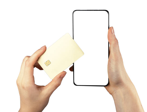 istock Hand holding plastic card mockup and smartphone screen mock up for mobile phone app, bank application ad, isolated on white 1465205657