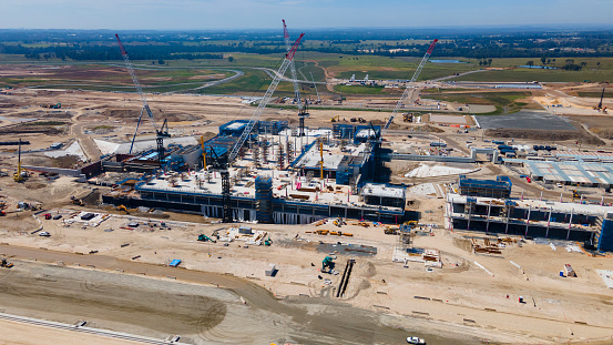 Aerial drone view of the construction site of the new International Airport at Badgerys Creek in Western Sydney, NSW, Australia in February 2023