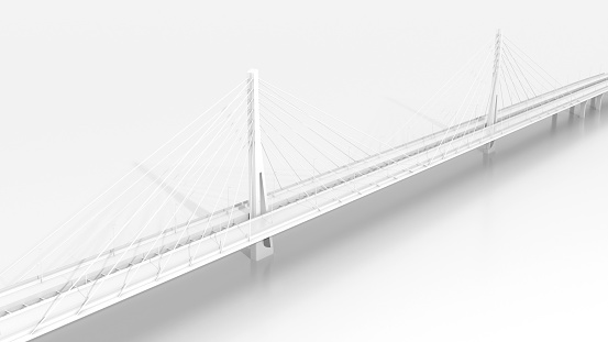 Suspension bridge bird eye view, white digital model, 3d render illustration