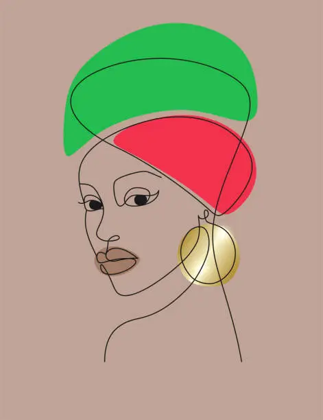 Vector illustration of Abstract portrait of an African woman in a red and green national headdress and with a gold earring on a brown background