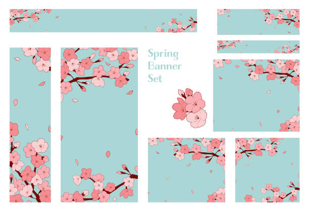 wunderschönes kirschblüten-illustrationsbanner-set - kirschbaum stock-grafiken, -clipart, -cartoons und -symbole