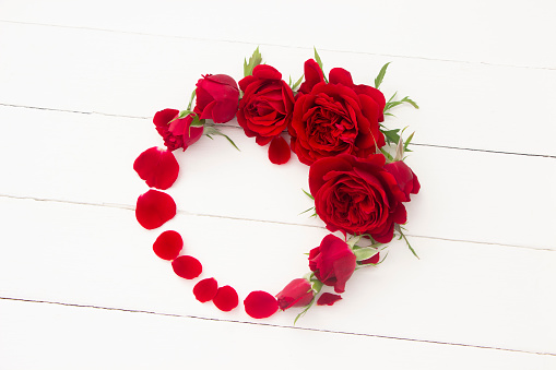 Red roses wreath  on white wooden board. Valentine's day, love, wedding background. Red roses floral template