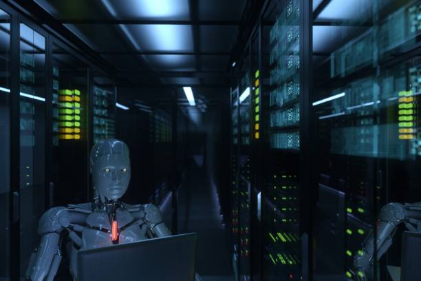AI work at network servers room Robot works in a computer server with a foggy forest outside the windows. 3D rendering, amysterious scene. japan supercomputer stock pictures, royalty-free photos & images