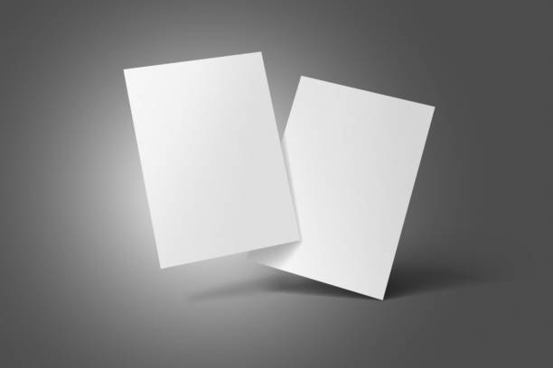 ilustrasi 3d a3, a4, a5 mock-up flyer dengan depan dan belakang berdiri vertikal di udara. buku, brosur, pamflet, katalog mockup kosong untuk presentasi dengan latar belakang abu-abu terisolasi. ilustrasi 3d - flyer potret stok, foto, & gambar bebas royalti