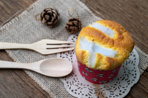 Coconut chiffon cake on hemp sack with wooden spoon