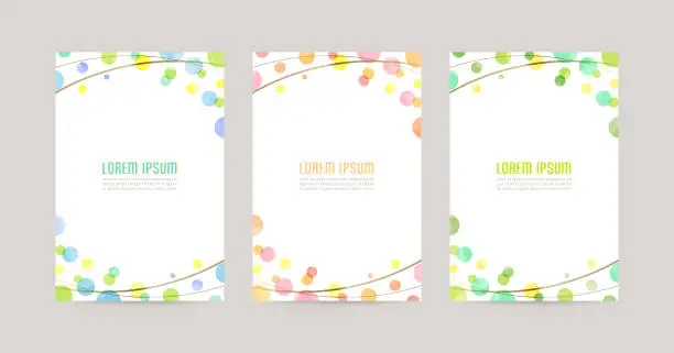 Vector illustration of vector card design template with colorful watercolor bubbles, gold lines