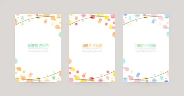 Vector illustration of vector card design template with colorful watercolor bubbles, gold lines