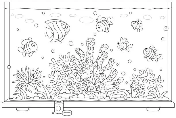 Vector illustration of Funny small tropical fishes in a colorful aquarium