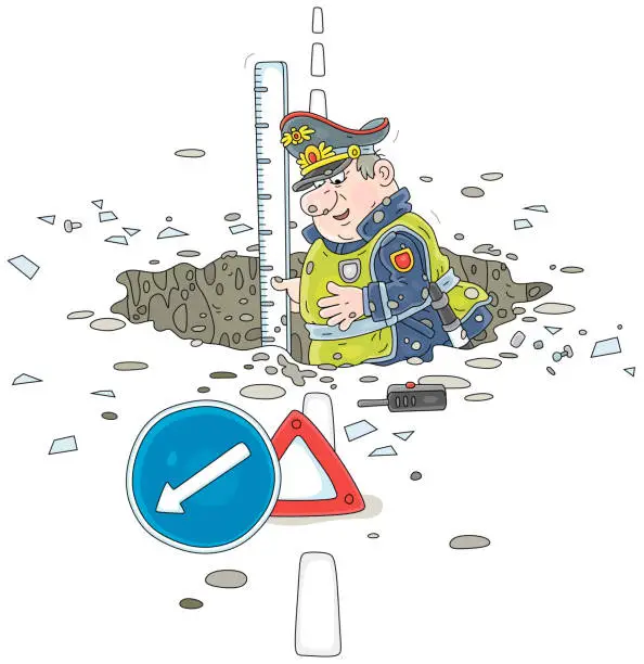 Vector illustration of Traffic cop measuring a depth of a road pothole