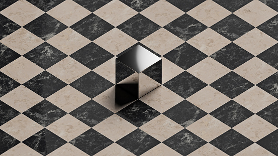 The opticla illusion of a reflective cube on a chess board. CGI